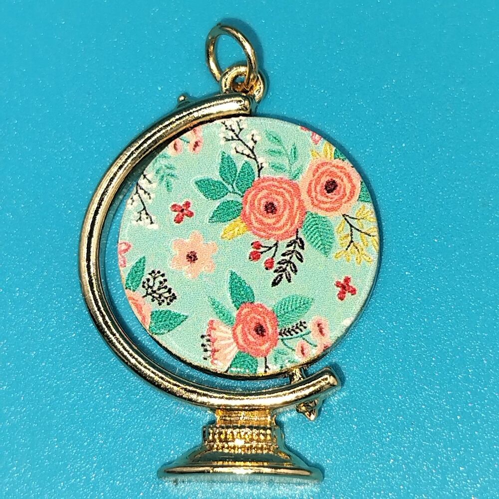 Floral Globe Charm Pendant Gold Tone Mint Pink Flower Earth World Map Jewelry